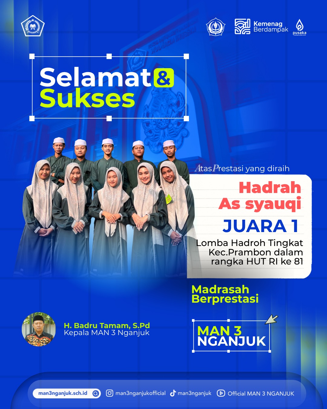 Harumkan Nama Sekolah, Grup Hadrah As Syauqi MAN 3 Nganjuk Raih Juara 1 Tingkat Kecamatan Prambon